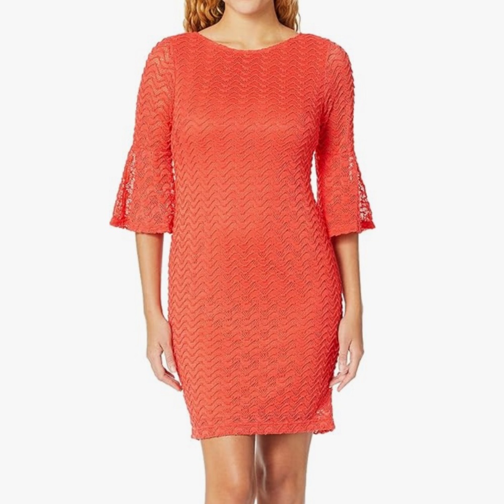 Sharagano Women's Bell Sleeve Mini Dress Red Salmon Lace Overlay Dress Plus Size